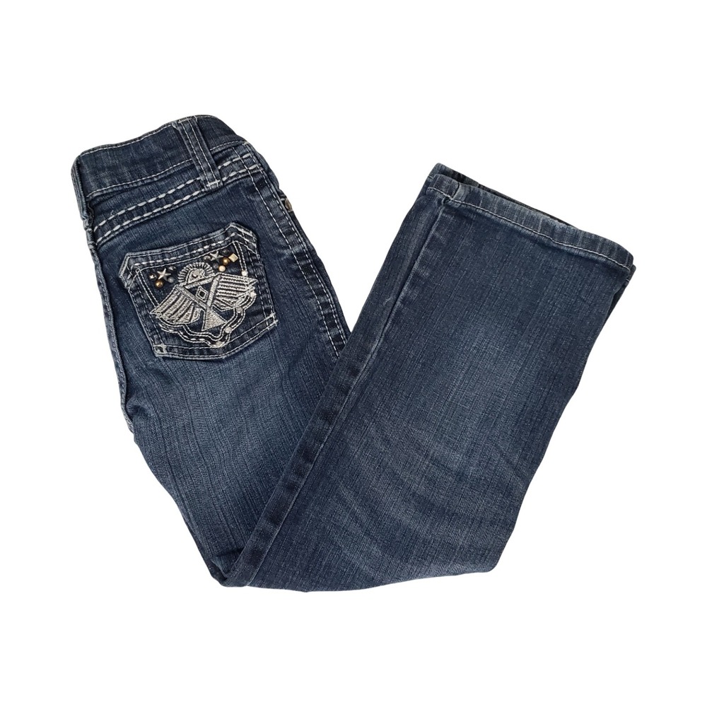Rock & Republic Girls Slim Bootcut Jeans Dark Wash Embroidered Star Studded 6S